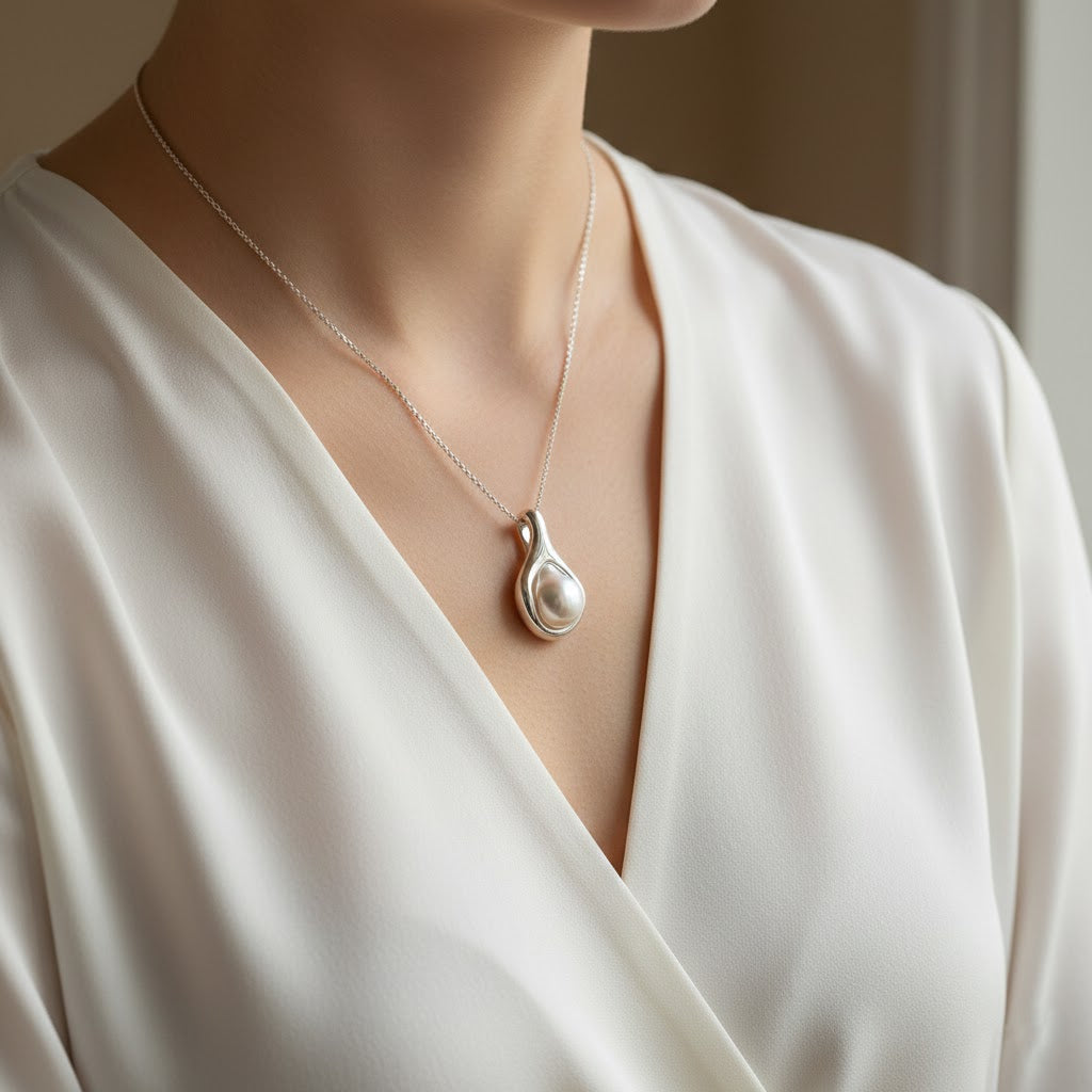 Artisanal Liquid-Metal & Baroque Pearl Pendant