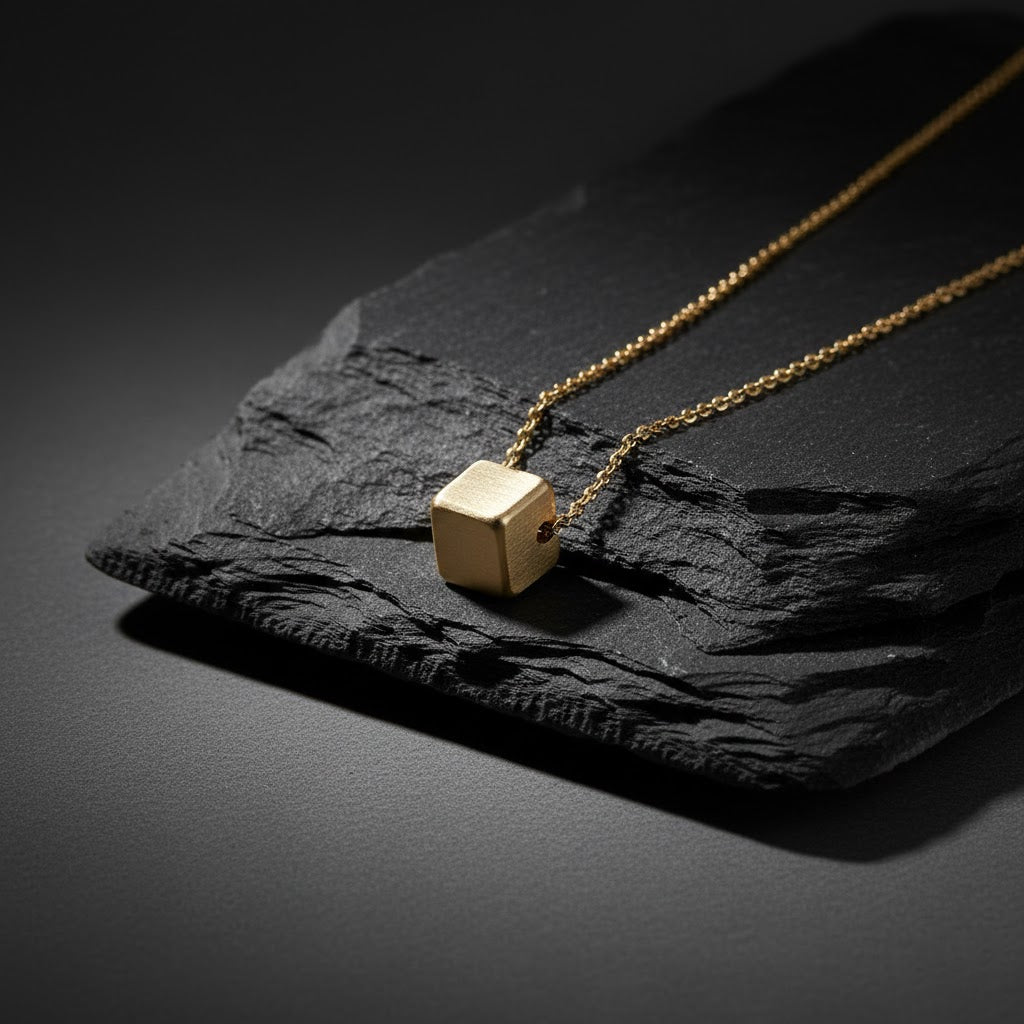 Minimalist Brushed Geometric Cube Necklace