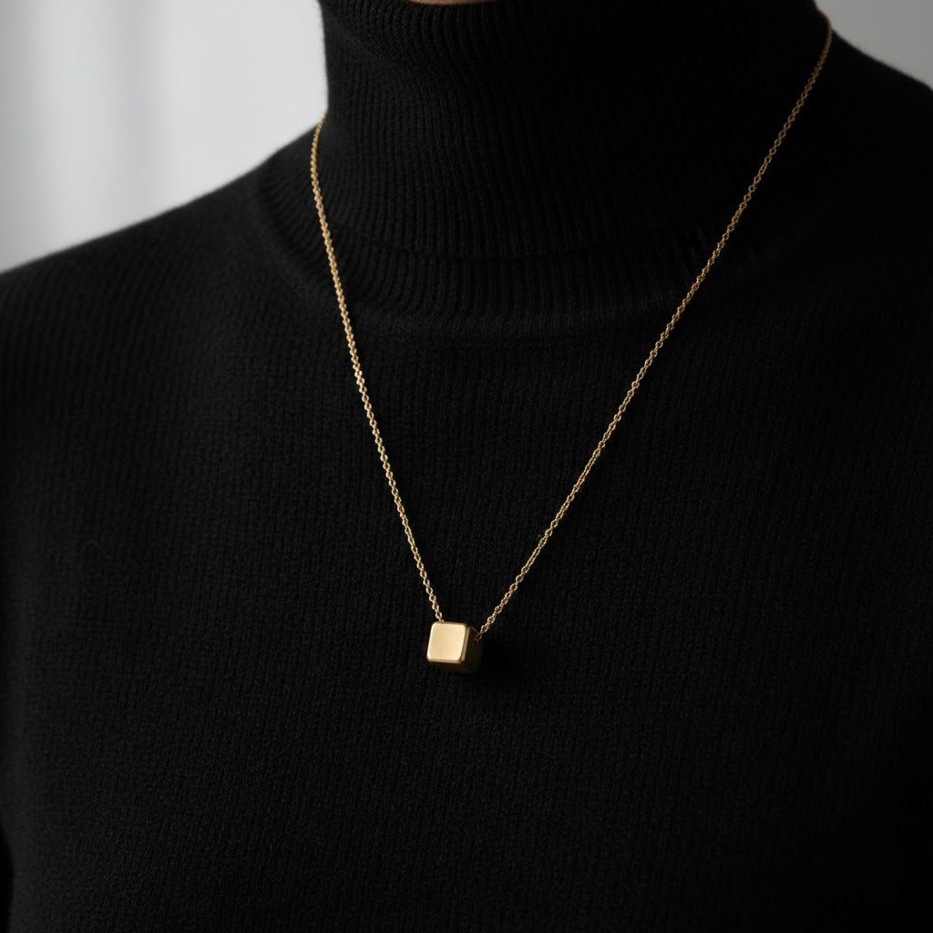 Minimalist Brushed Geometric Cube Necklace